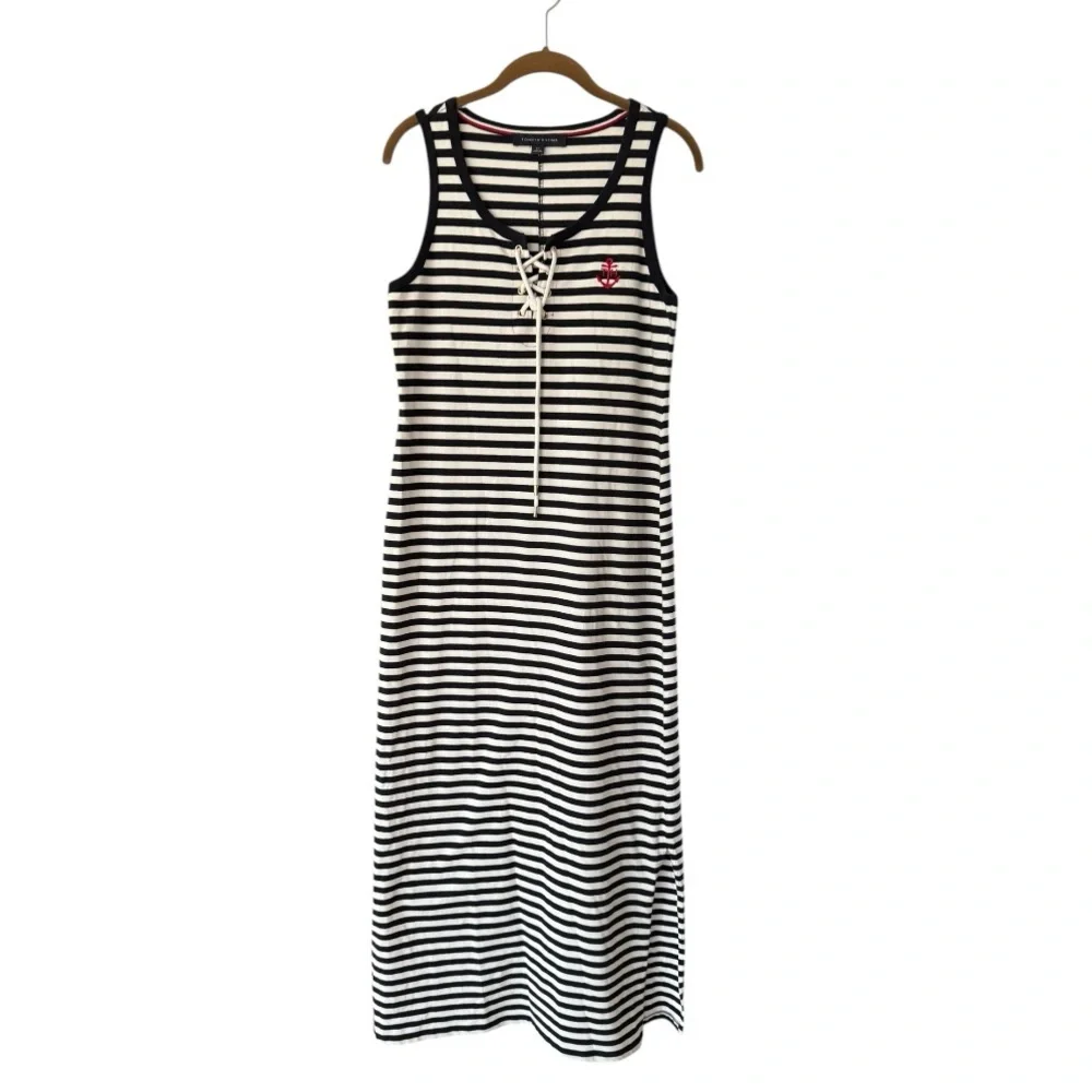 Tommy Hilfiger Navy Blue White Striped Maxi Dress Tank Dress Cotton Nautical Sm